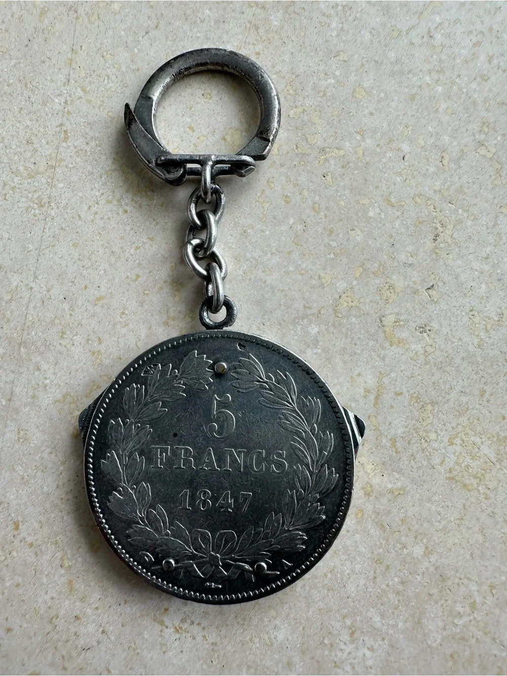 Antique French 5 francs coin mounted on pocket tool fob